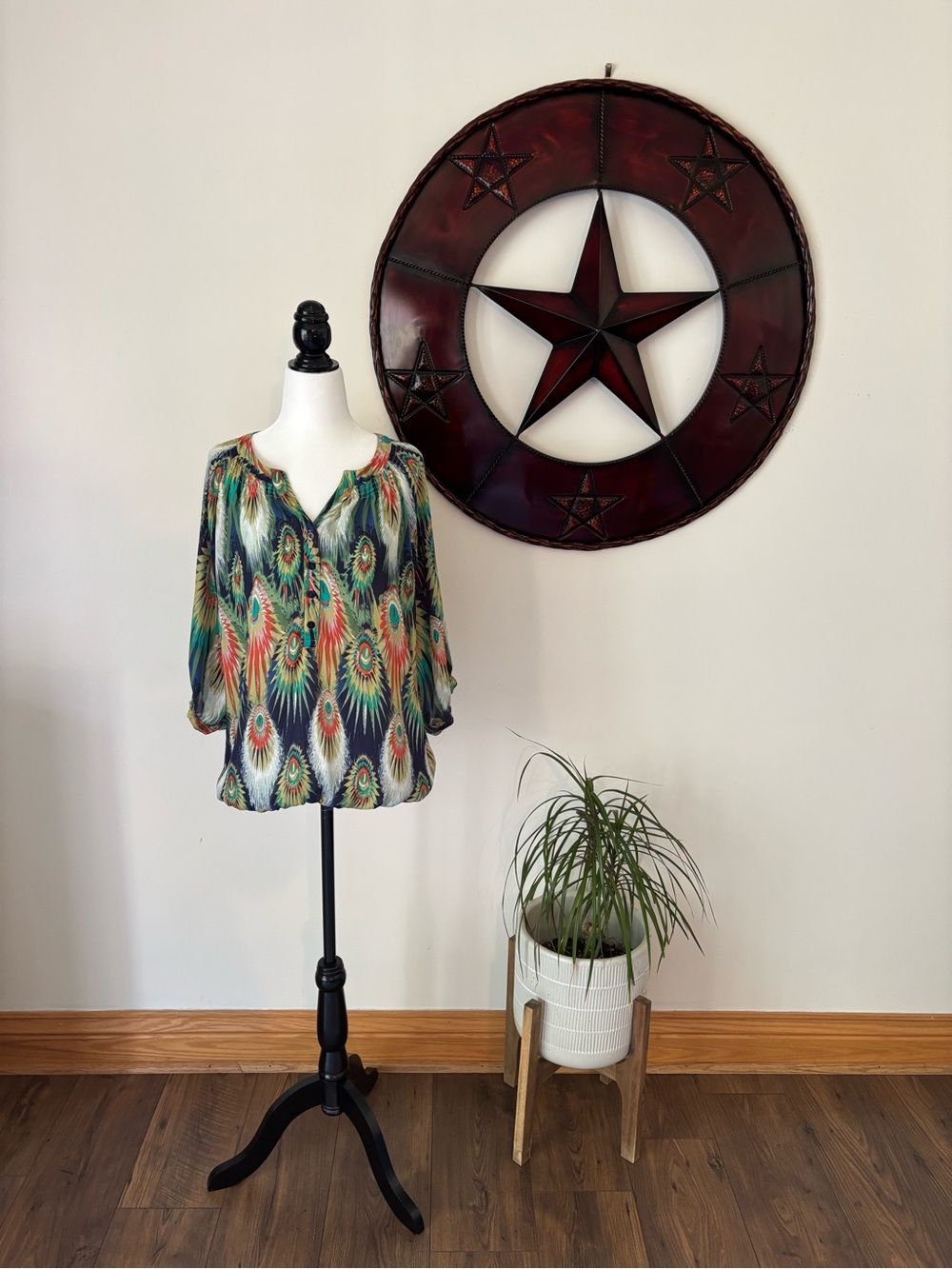 Cleo Boho Flowy Peacock Feather -Print Peasant Blouse in Vibrant Colours Sz Lg